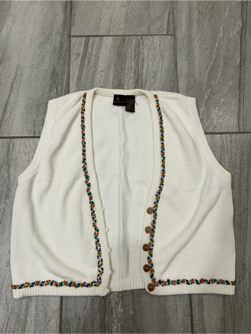 Vintage 1980’s Liz Sport by Liz Claiborne white button down beaded sweater vest